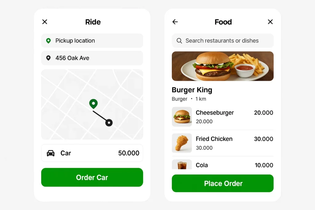 Mobile app interface showing two screens: one for ride booking with pickup location and fare, and another for food ordering from Burger King with menu items and prices.