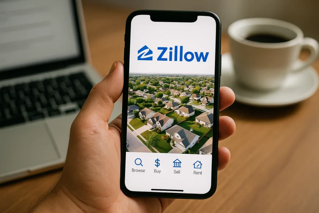 Hand holding a smartphone displaying the Zillow app with options to browse, buy, sell, and rent homes.