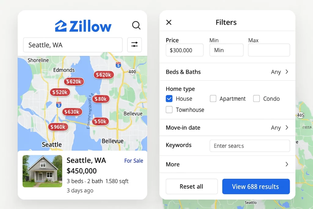 Zillow app interface showing a map of Seattle with property price pins and a filter menu for price, home type, beds, baths, and move-in date options.