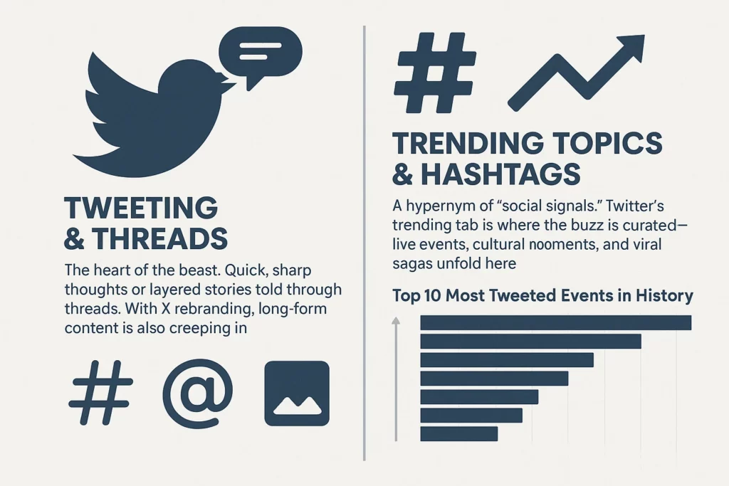 Infographic explaining Twitter’s core features: Tweeting & Threads, and Trending Topics & Hashtags. Includes icons for tweets, hashtags, mentions, media, and a horizontal bar graph titled “Top 10 Most Tweeted Events in History.”