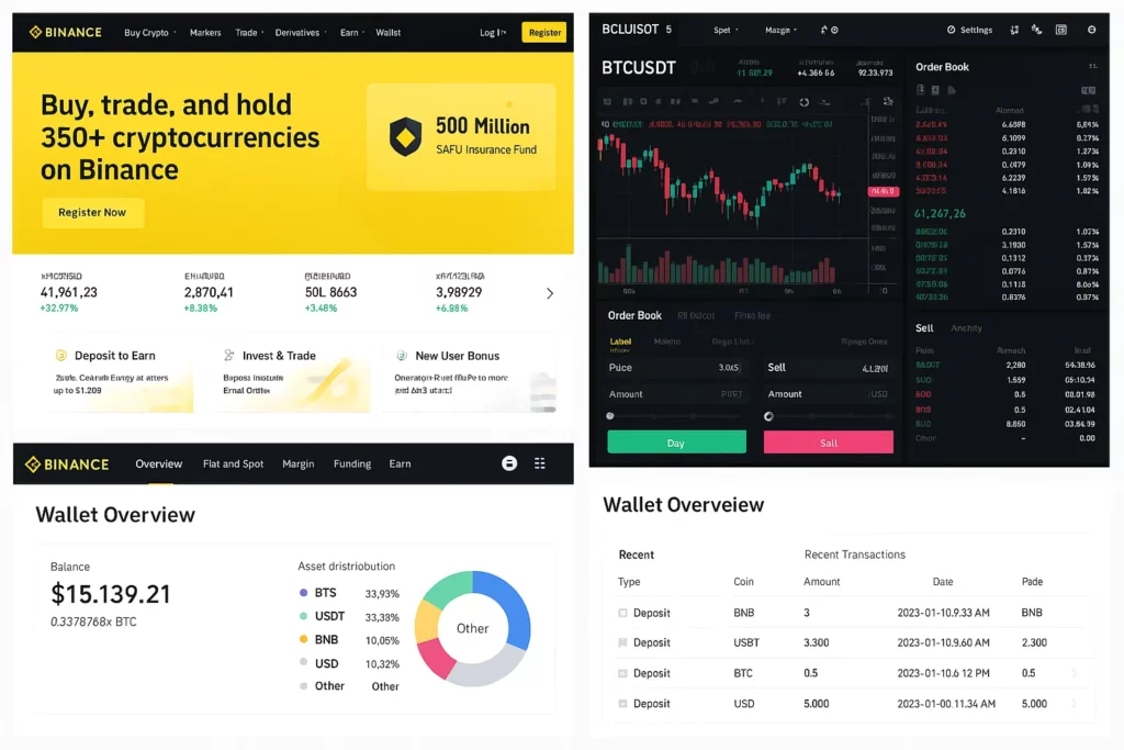 Screenshot of Binance app interface showing homepage with cryptocurrency trading options, live BTC/USDT trading chart, wallet balance, and transaction overview.