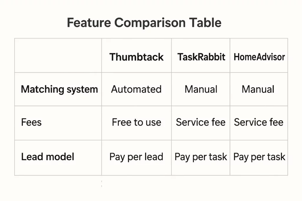 Feature comparison table showing differences between Thumbtack, TaskRabbit, and HomeAdvisor across three categories: matching system, fees, and lead model. Thumbtack uses an automated matching system, is free to use, and follows a pay-per-lead model, while TaskRabbit and HomeAdvisor use manual matching, charge service fees, and operate on a pay-per-task model.