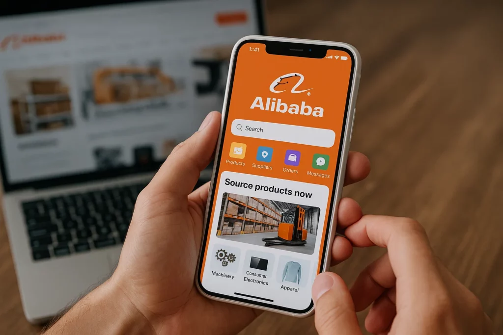 Person holding a smartphone with the Alibaba app open, displaying options for products, suppliers, orders, and messages.