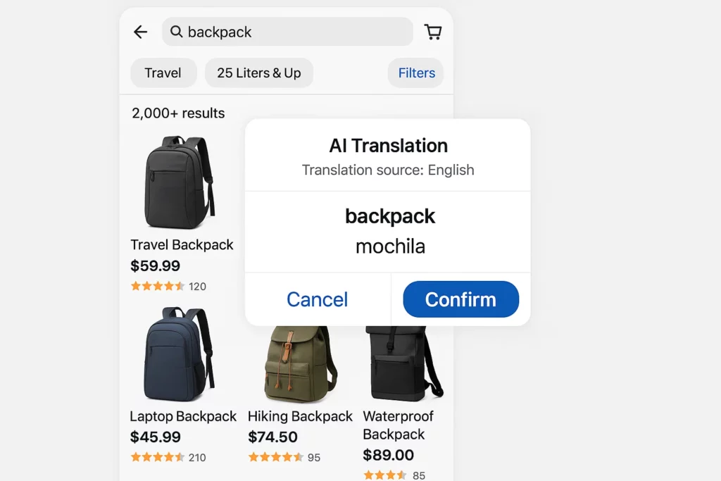 Alibaba app search results for backpacks with an AI translation pop-up showing the English word "backpack" translated into Spanish as "mochila," with product listings and prices visible in the background.