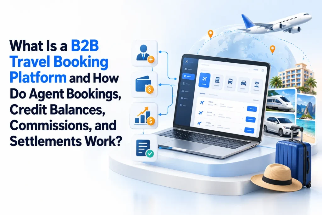 B2B travel booking platform showing agent bookings, credit balances, commissions, settlements, flights, hotels, and travel services.