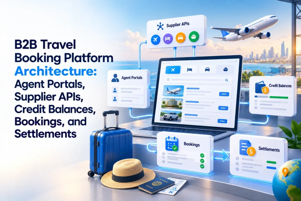 B2B travel booking platform architecture showing agent portals, supplier APIs, credit balances, bookings, and settlement management.