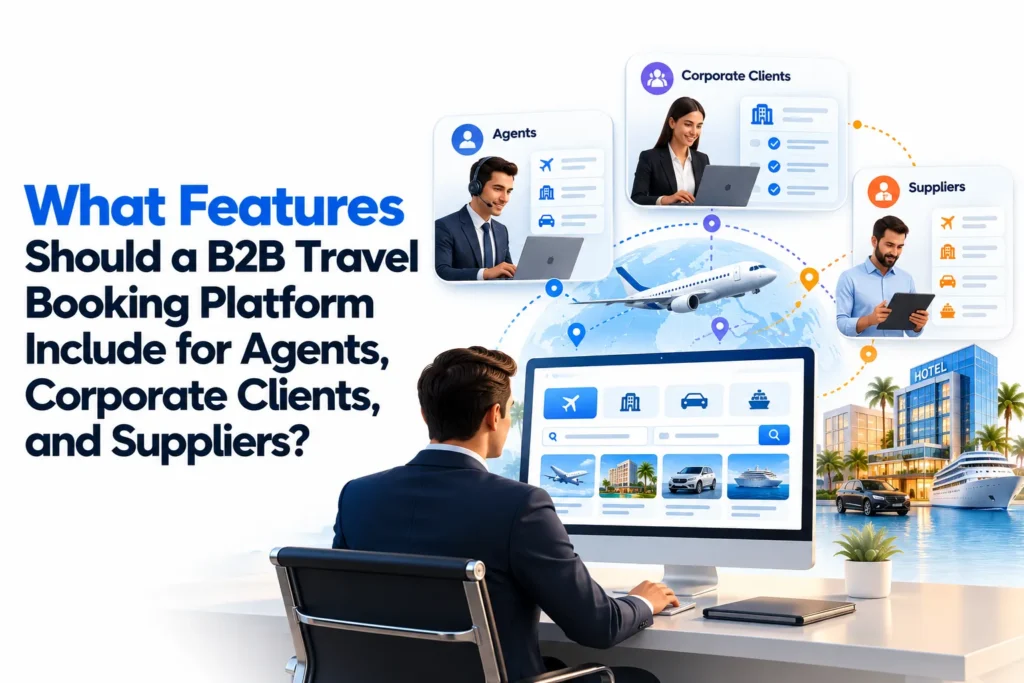B2B travel booking platform features for agents, corporate clients, and suppliers with centralized booking and travel inventory management.