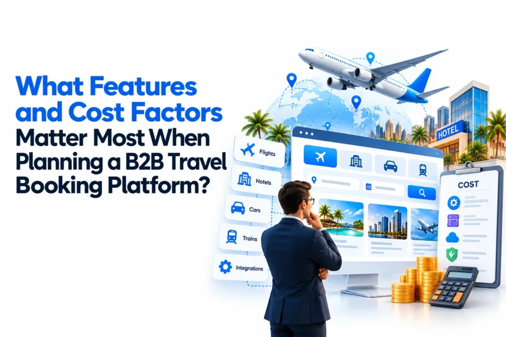 Features and cost factors to consider when planning a B2B travel booking platform, including flights, hotels, cars, trains, and integrations.