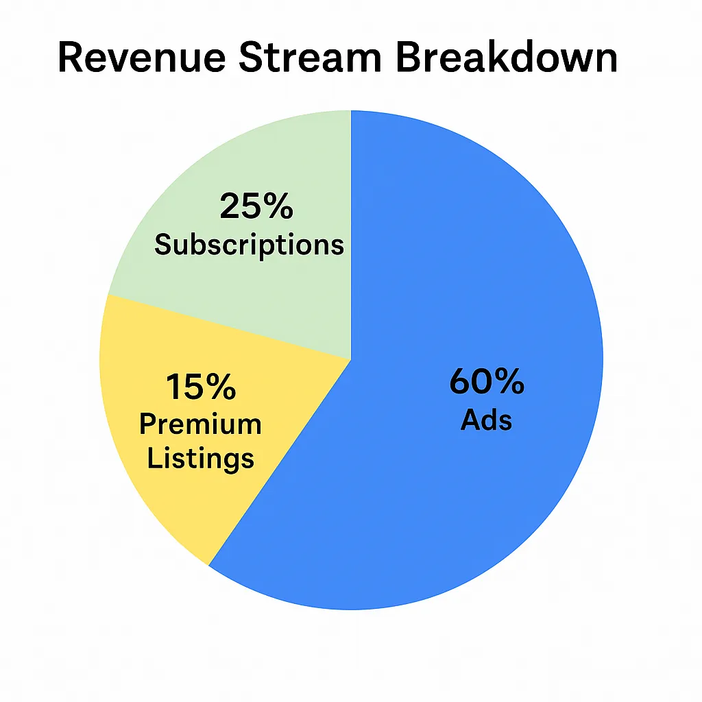 Pie chart titled "Revenue Stream Breakdown" showing three segments: Ads (60%) in blue, Subscriptions (25%) in light green, and Premium Listings (15%) in yellow.