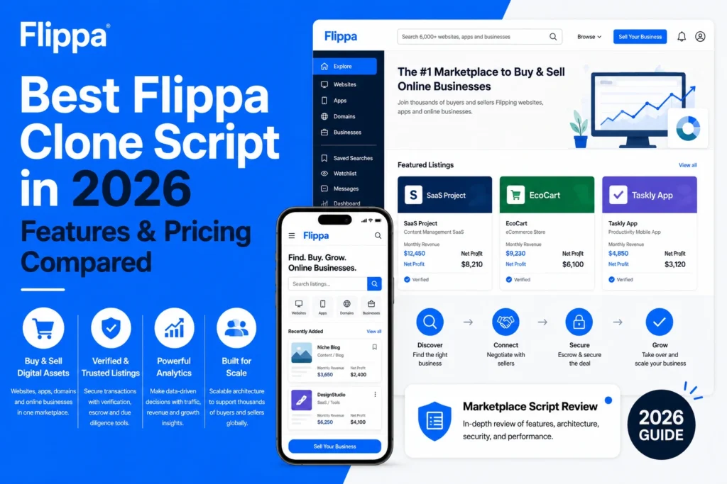 Infographic showcasing the best Flippa clone script in 2026 with marketplace features, pricing comparison, digital asset listings, analytics, verification, and scalable business acquisition platform.