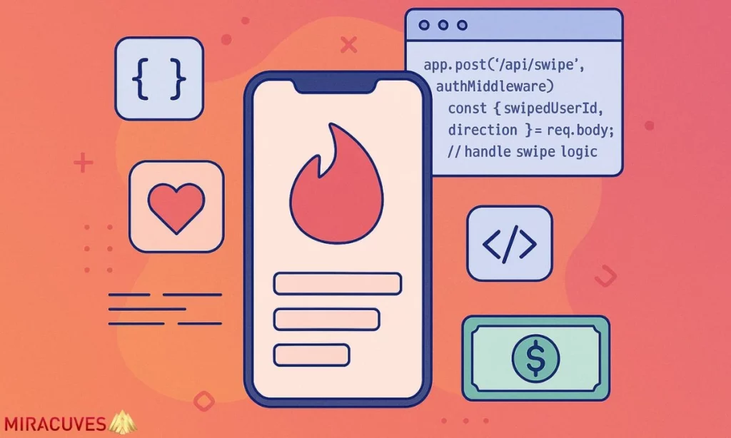 Illustration showing Tinder-like app development interface with mobile UI, swipe logic, and coding tools