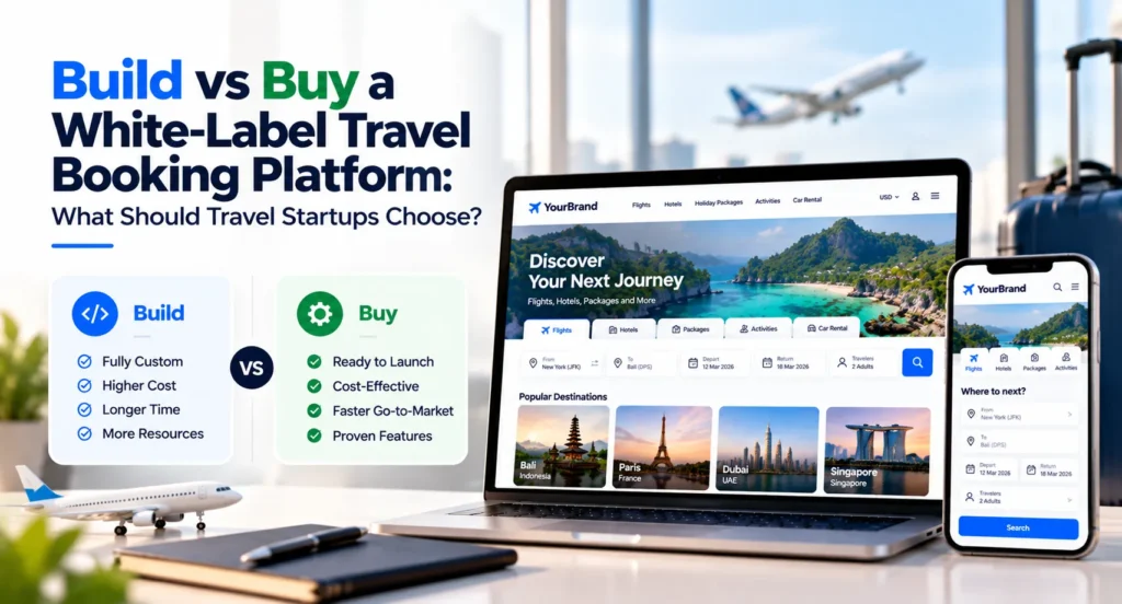 Build vs buy comparison for a white-label travel booking platform showing custom development, ready-made software, booking interface, cost, and launch speed