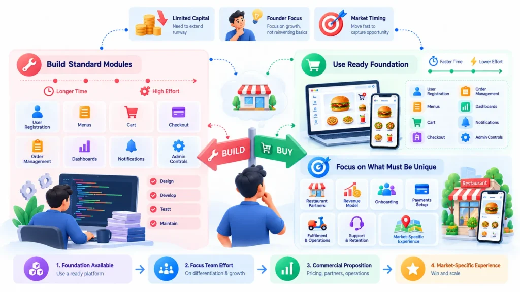 Why Startups Choose a Ready-Made Direct Restaurant Ordering Platform Over Custom Development 1 Build versus ready-made restaurant ordering platform comparison showing development effort, standard modules, faster implementation, and market-specific customization.