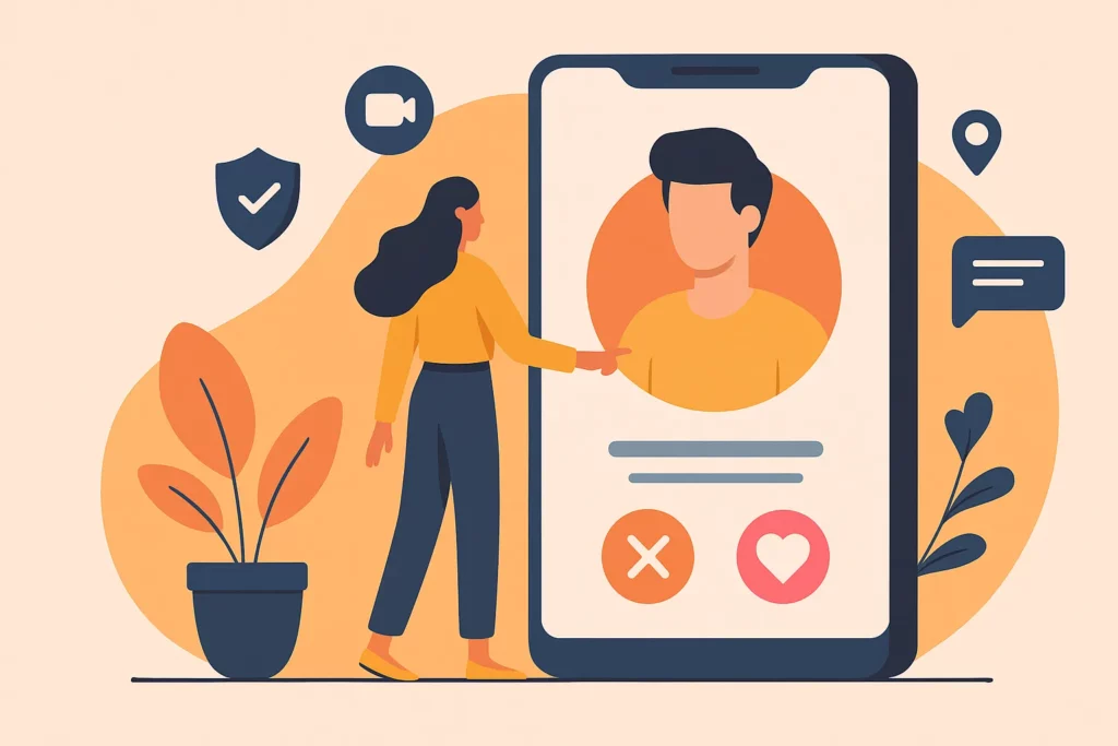 Illustration of a woman using a dating app with swipe options and profile interface, representing core Bumble app features for startup inspiration