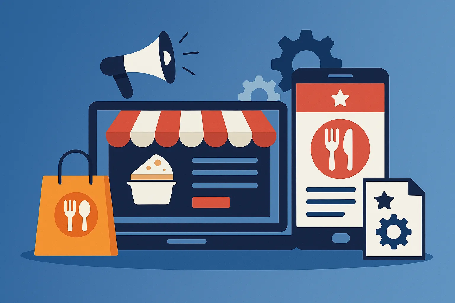 Illustration of laptop and smartphone with food ordering interface, symbolizing Chownow app features and restaurant app development