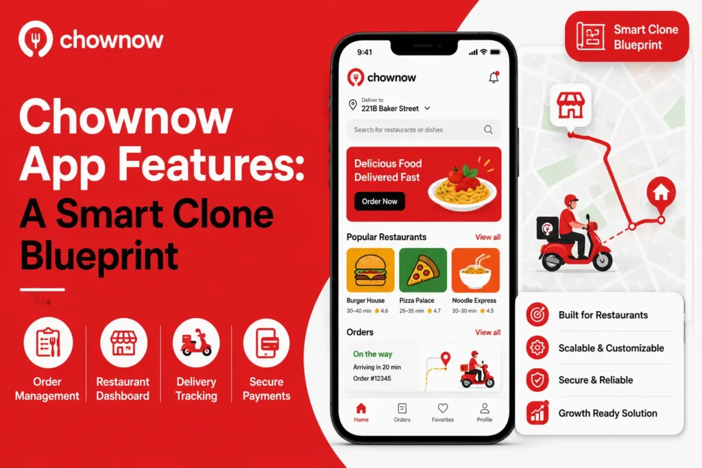 Chownow app features guide showing food ordering, restaurant dashboard, delivery tracking, secure payments, scalable restaurant tools, and mobile food delivery interface.