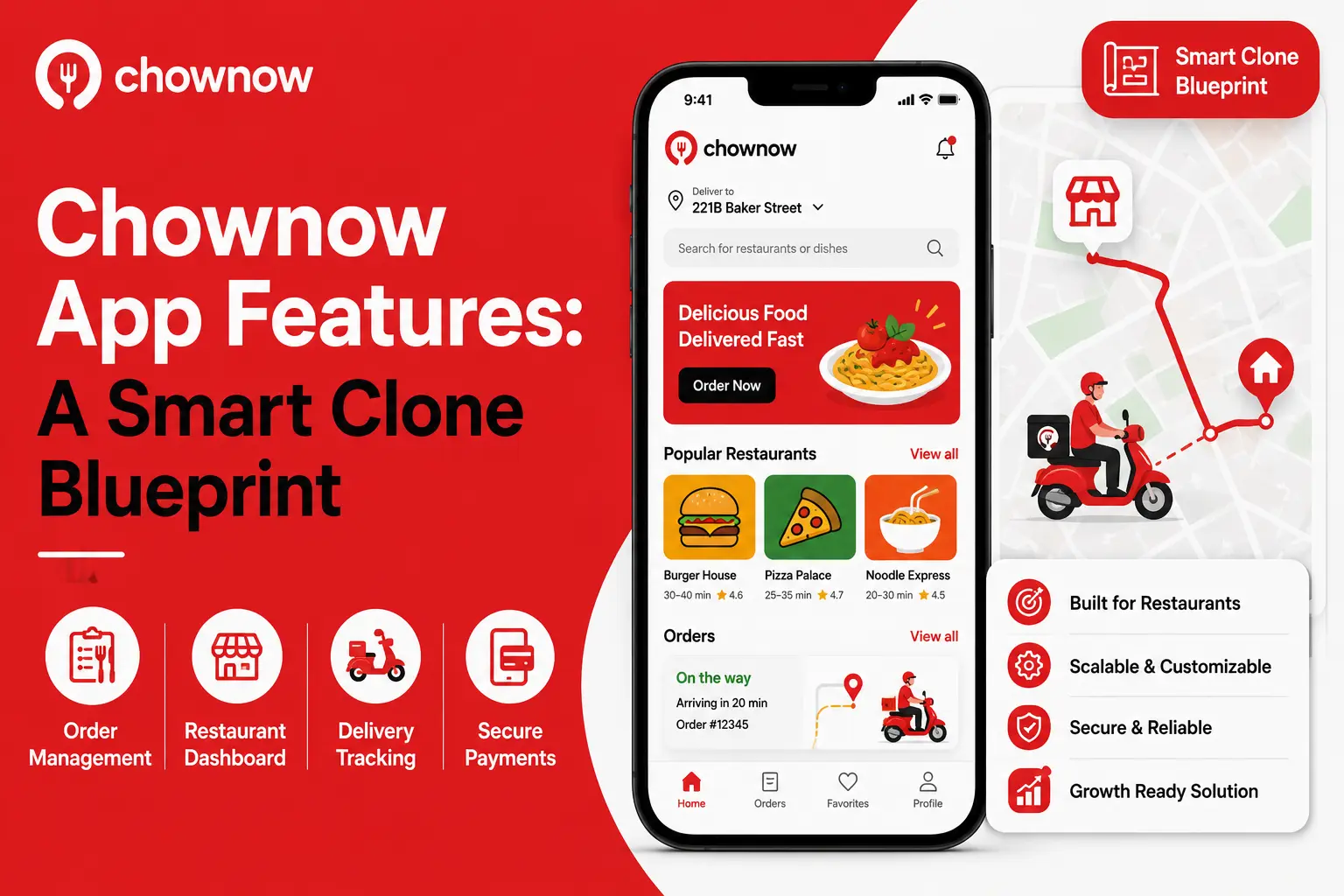 Chownow app features guide showing food ordering, restaurant dashboard, delivery tracking, secure payments, scalable restaurant tools, and mobile food delivery interface.