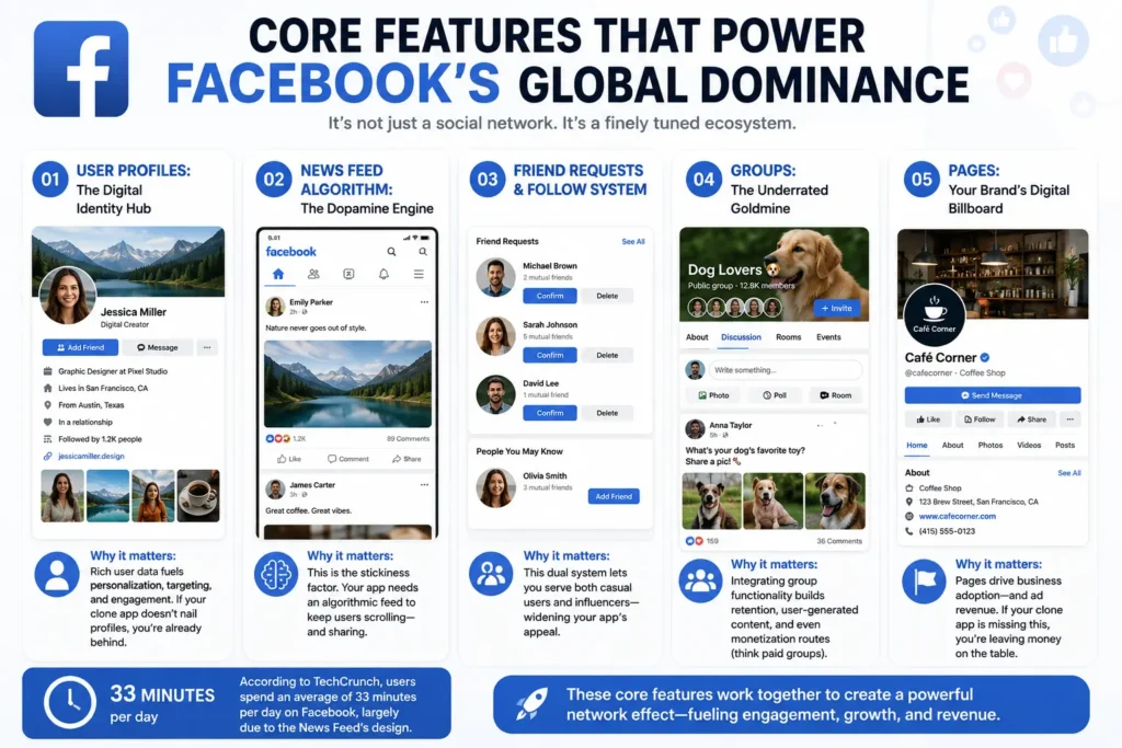 Facebook core features infographic showing user profiles, news feed algorithm, friend requests, follow system, groups, pages, engagement, growth, and network effects.