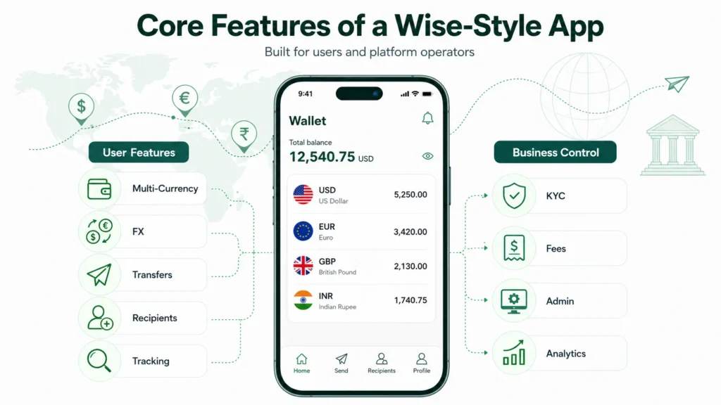 Wise-style app core features showing multi-currency wallet, FX, transfers, recipients, tracking, KYC, fees, admin control, and analytics