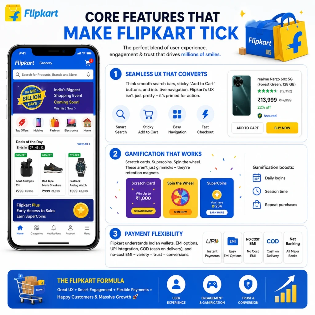 Flipkart App Marketing Strategy: The Smart Seller’s Guide to Ecommerce Domination 1 Flipkart features infographic highlighting seamless user experience, gamification, SuperCoins, scratch cards, UPI, EMI, COD, and flexible payment options.