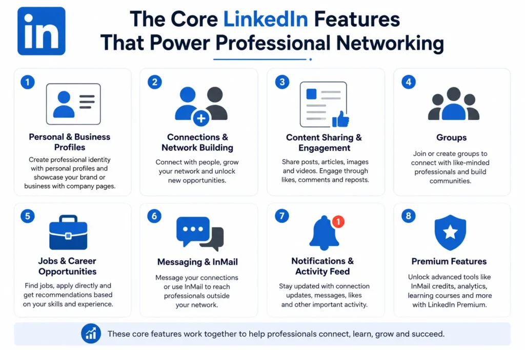 LinkedIn Features List for Entrepreneurs & Creators 1 LinkedIn core features infographic showing profiles, network building, content sharing, groups, jobs, messaging, notifications, activity feed, and premium tools.
