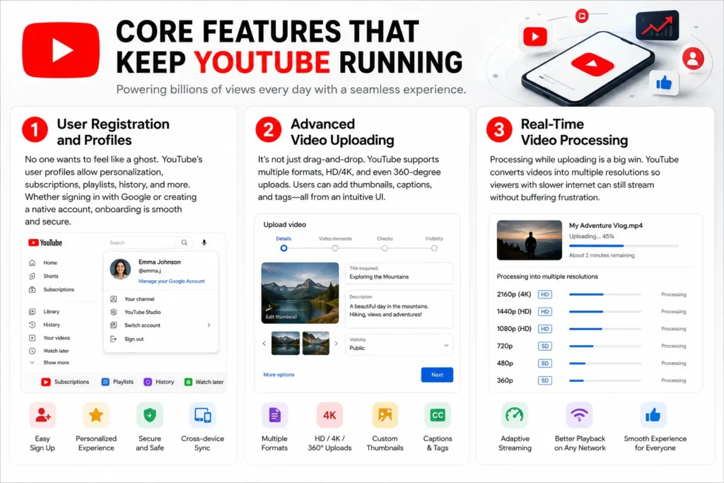 Top YouTube Features Every App Builder Should Know 1 YouTube core features infographic showing user registration, profiles, advanced video uploading, real-time video processing, adaptive streaming, custom thumbnails, captions, and cross-device sync.