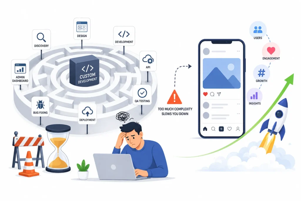 Custom development challenges compared with launching a Threads clone using ready-made features, lower risk, and faster deployment