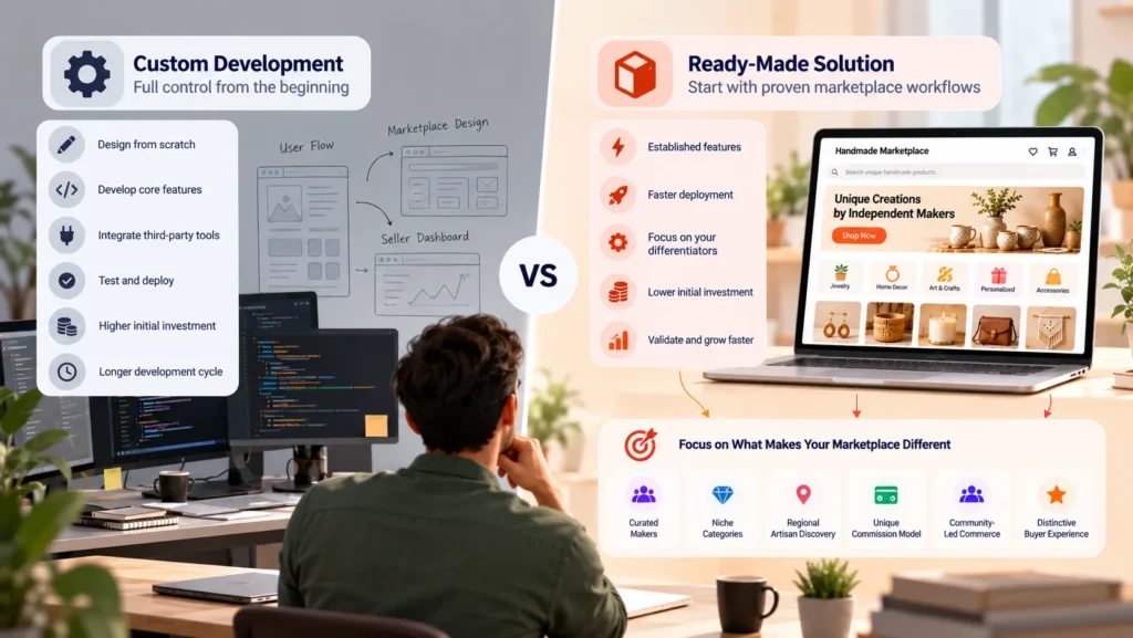 Why Startups Choose a Ready-Made Handmade Marketplace Platform Over Custom Development 1 Comparison of custom development and a ready-made handmade marketplace solution, showing development effort, deployment speed, investment, established features, and marketplace customization.