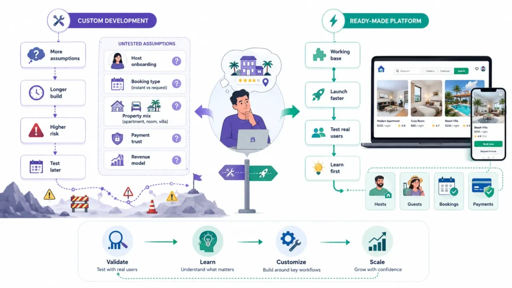 Custom development versus ready-made rental platform comparing build time, risk, validation, real users, bookings, payments, and scalability