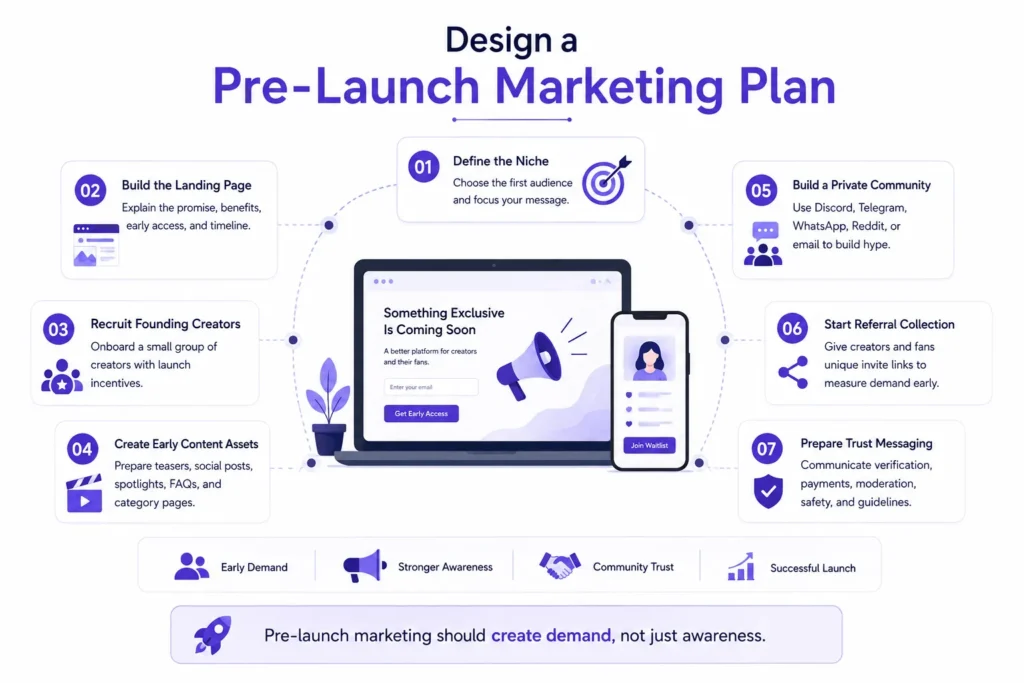 Pre-launch marketing plan showing audience research, creator recruitment, content preparation, referral campaigns, and launch promotion strategies.
