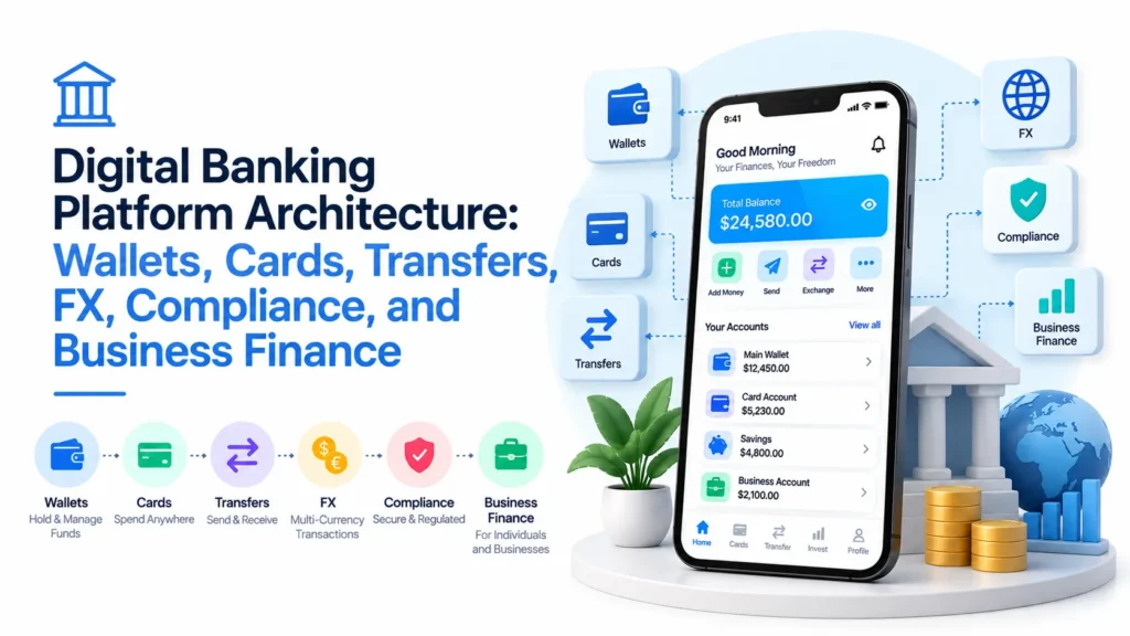 Digital banking platform architecture showing wallets, cards, transfers, FX, compliance, and business finance connected through a mobile banking app.