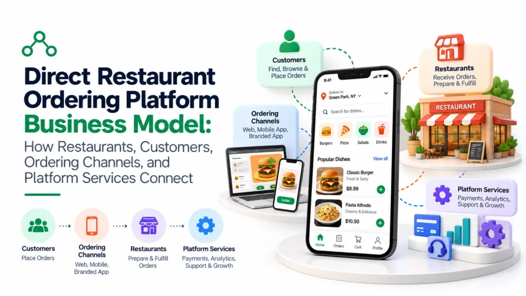 Direct restaurant ordering platform business model connecting customers, ordering channels, restaurants, payments, analytics, support, and growth services.