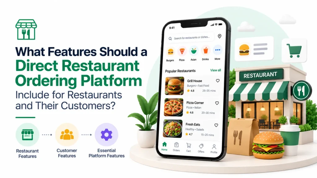 Direct restaurant ordering platform features for restaurants and customers, including menu management, online ordering, payments, offers, and order management.