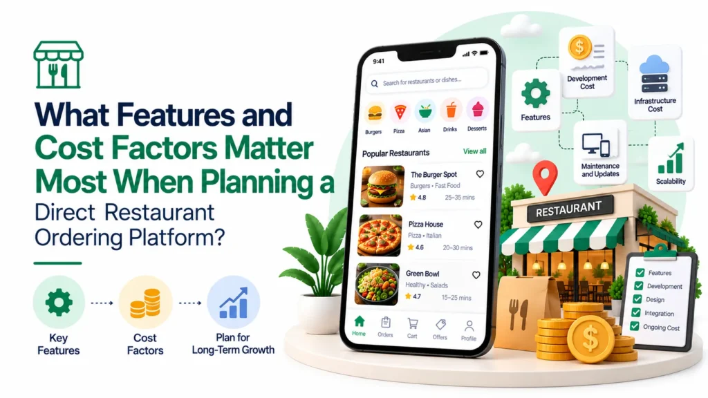Direct restaurant ordering platform showing key features, development cost, infrastructure cost, maintenance, scalability, and long-term growth planning.