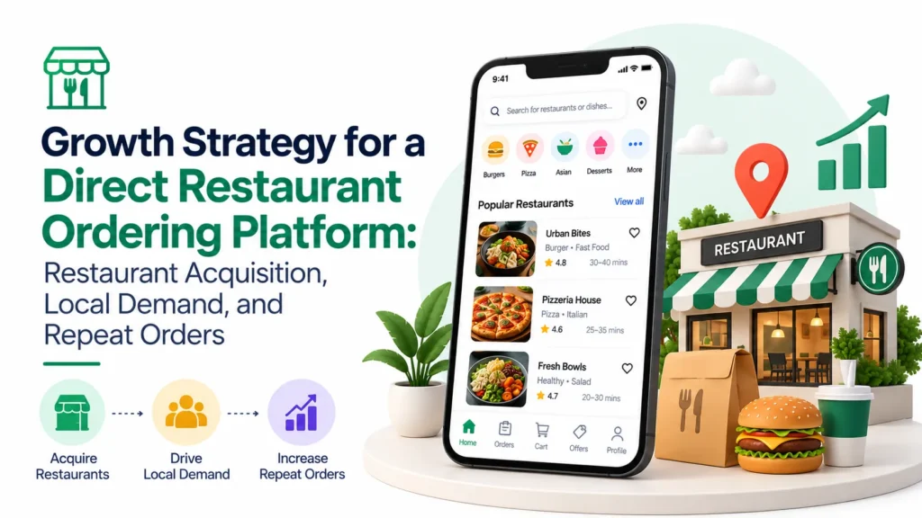 Direct restaurant ordering platform growth strategy focused on restaurant acquisition, local demand, and increasing repeat orders.