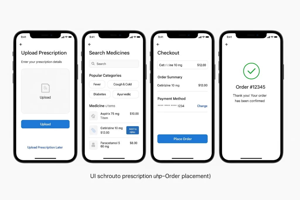 e pharmacy app user flow prescription upload to order placement