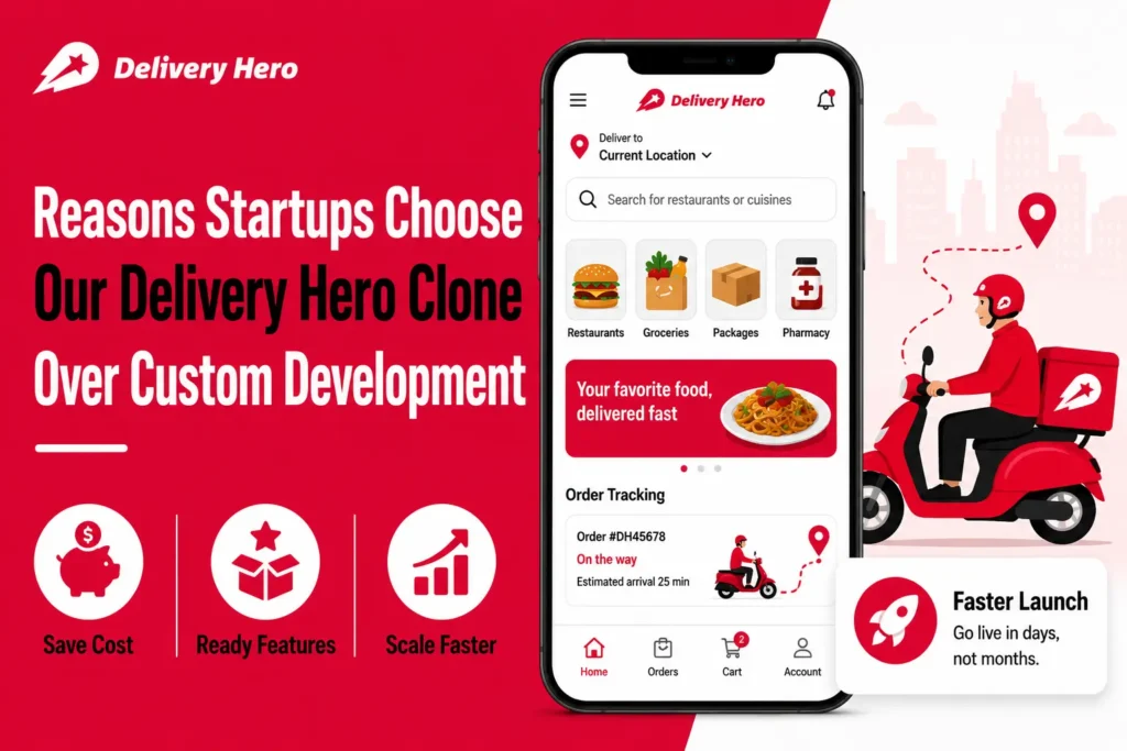 Delivery Hero clone app featured image showing food delivery app interface, restaurant, grocery, package and pharmacy categories, order tracking, delivery rider, and startup benefits like save cost, ready features, scale faster, and faster launch.
