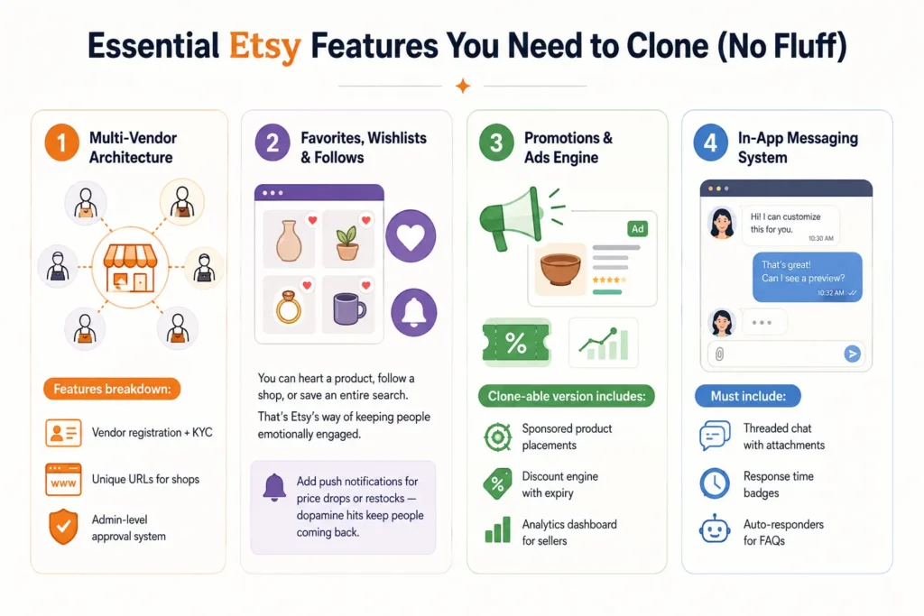 Etsy clone features infographic showing multi-vendor marketplace architecture, favorites, wishlists, promotions, ads engine, seller analytics, and in-app messaging system.