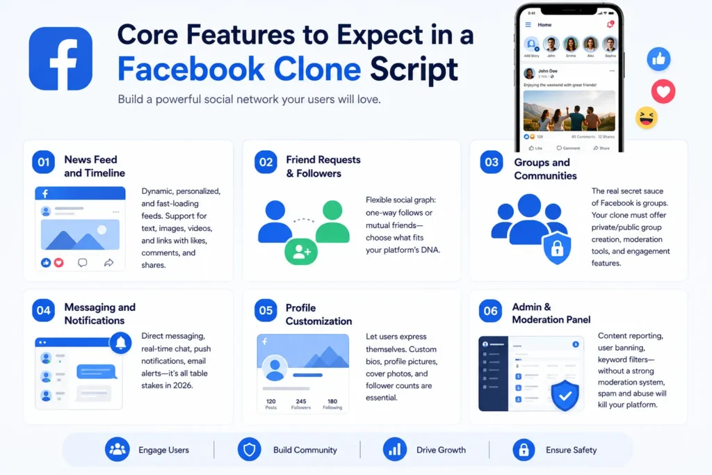 Facebook clone script features infographic showing news feed, friend requests, groups, messaging, profile customization, and admin moderation tools