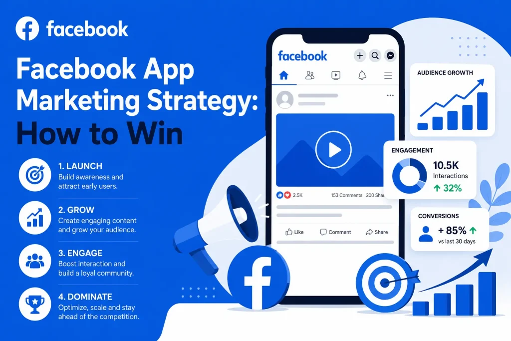 Facebook app marketing strategy infographic showing launch, growth, engagement, audience analytics, conversions, and social media app scaling.