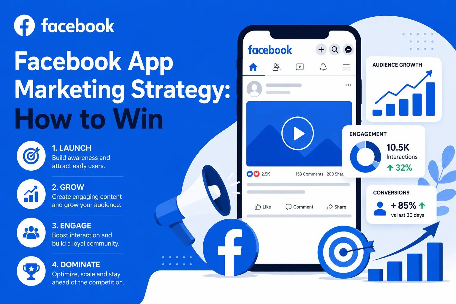 Facebook app marketing strategy infographic showing launch, growth, engagement, audience analytics, conversions, and social media app scaling.
