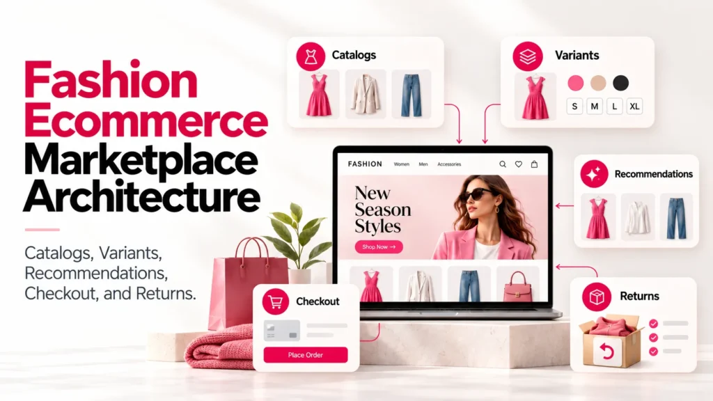 Fashion ecommerce marketplace architecture with catalogs, variants, recommendations, checkout, and returns