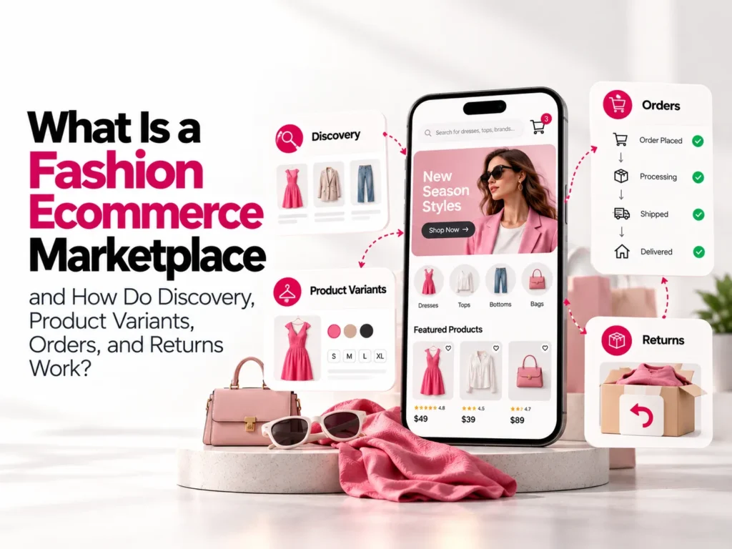 Fashion ecommerce marketplace showing product discovery, variants, orders, and returns