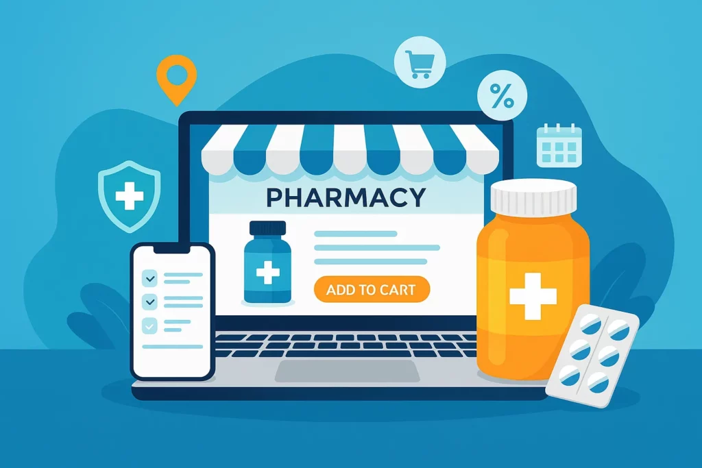 2D digital illustration of an online pharmacy concept showing a laptop with a pharmacy app interface, a pill bottle, a smartphone with a checklist, and floating shopping icons, designed for the e-pharmacy platform cost analysis blog