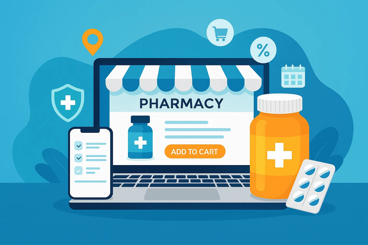2D digital illustration of an online pharmacy concept showing a laptop with a pharmacy app interface, a pill bottle, a smartphone with a checklist, and floating shopping icons, designed for the e-pharmacy platform cost analysis blog