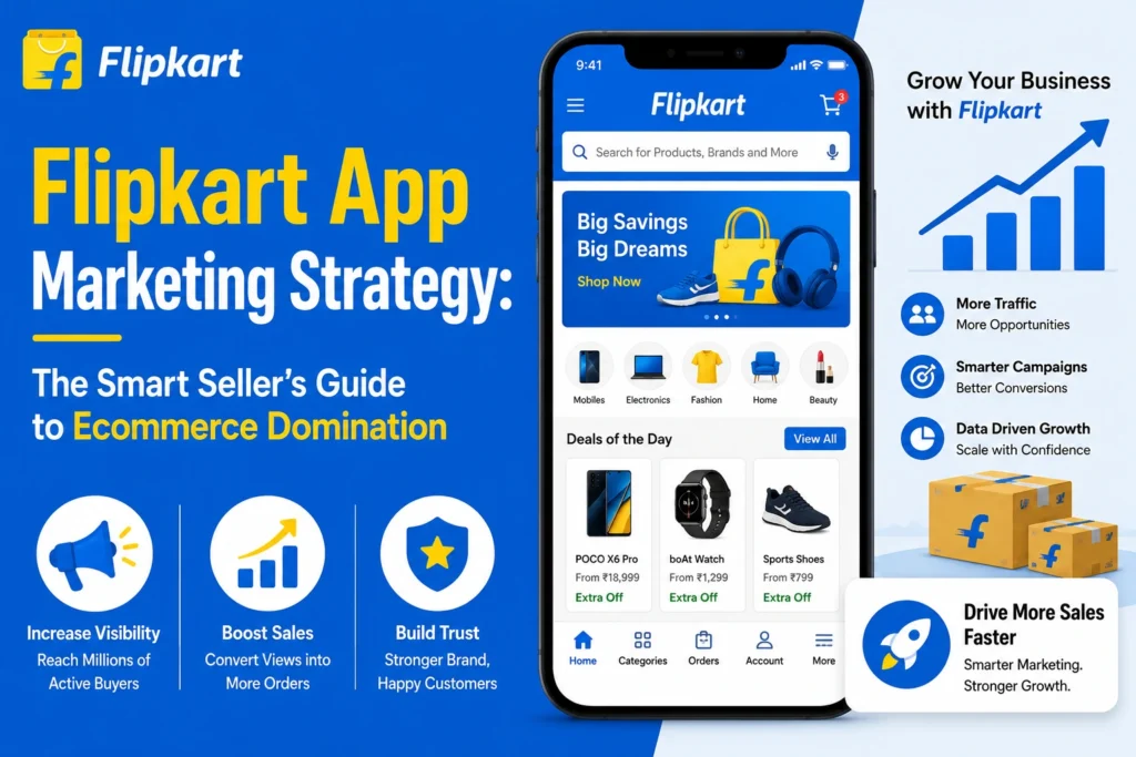 Flipkart app marketing strategy infographic showing ecommerce growth, increased visibility, higher sales, customer trust, and data-driven campaigns.