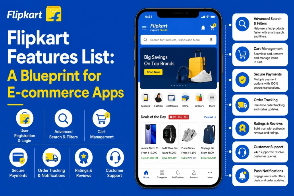 Flipkart features guide showing user registration, advanced search and filters, cart management, secure payments, order tracking, ratings, customer support, and push notifications.