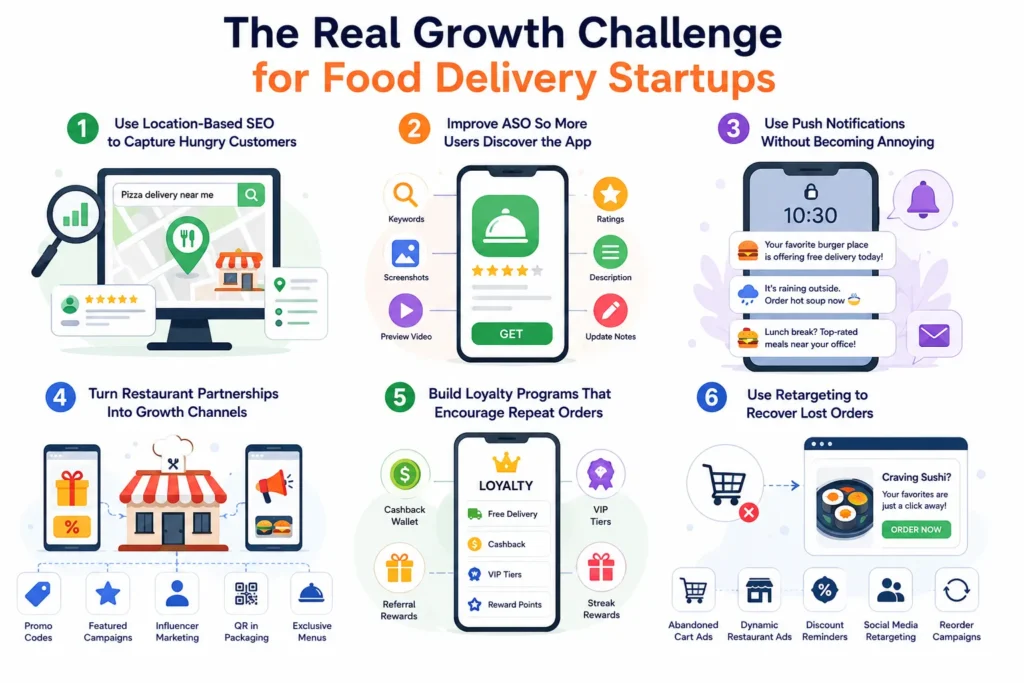 UberEats App Marketing Strategy: How to Deliver Growth with Every Order 1 Food delivery startup growth strategy showing location-based SEO, app store optimization, push notifications, restaurant partnerships, loyalty programs, and retargeting campaigns