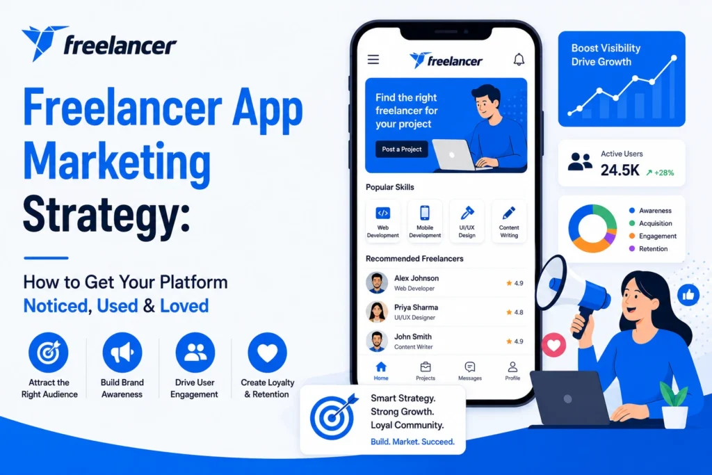 Freelancer app marketing strategy graphic showing a freelance marketplace interface, growth charts, engagement metrics, megaphone promotion, and brand awareness elements.
