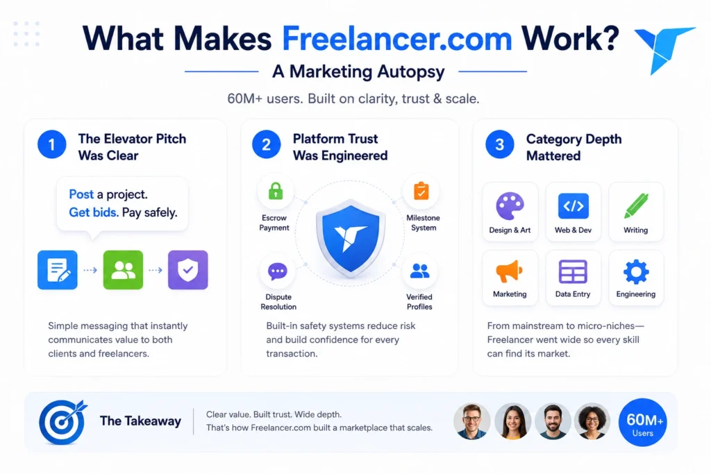 Freelancer App Marketing Strategy: How to Get Your Platform Noticed, Used & Loved 1 Freelancer.com marketing autopsy infographic showing platform trust features, escrow payments, milestone system, verified profiles, dispute resolution, and service category depth.